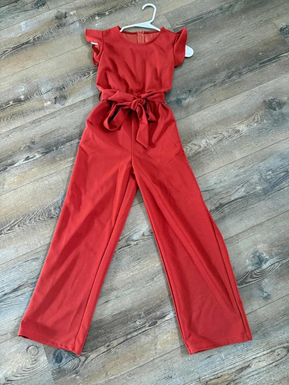 Girls Red Wide-Leg Jumpsuit with Tie Waist